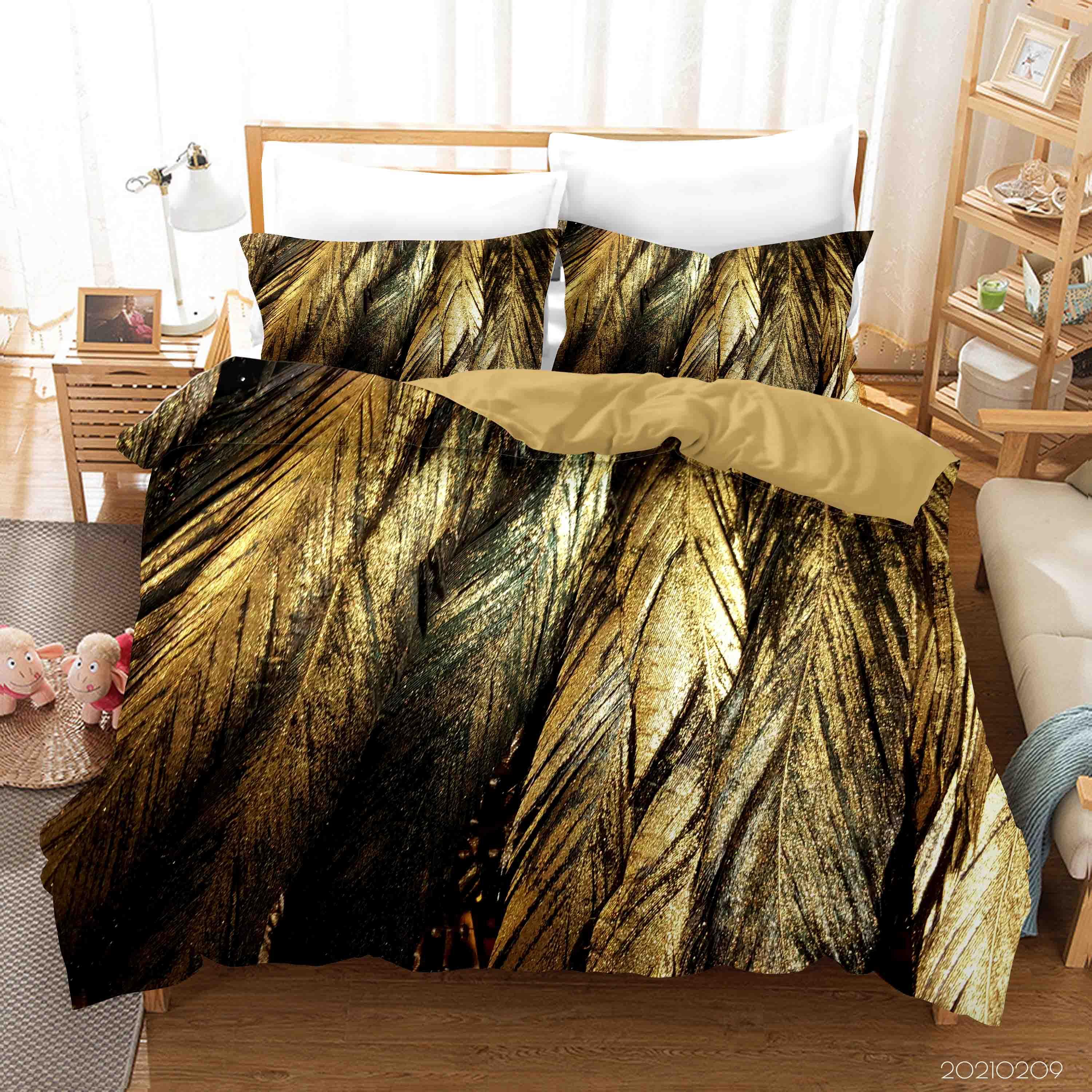 3D Hand Drawn Golden Feather Quilt Cover Set Bedding Set Duvet Cover Pillowcases 281