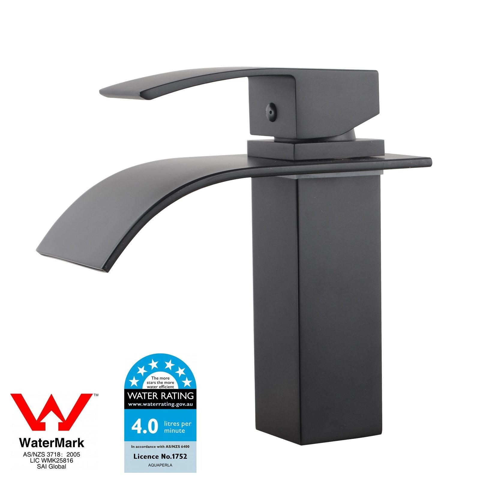 WELS Square Waterfall Basin Mixer Bathroom Sink Faucet Cold and Hot Vanity Tap Matt Black
