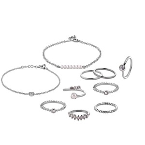10 Pcs of Gold Silver Plated Artificial Pearl Rings Women Bracelets Jewelry Set SILVER COLOR