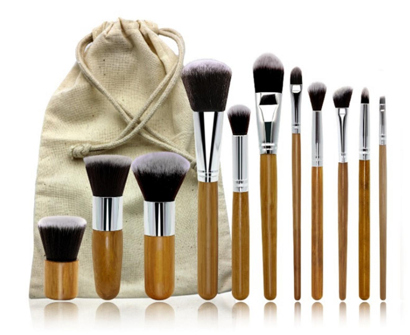 11PCS Bamboo Handle Cosmetic Brush Sets for Assembling Environment-friendly Linen Bags