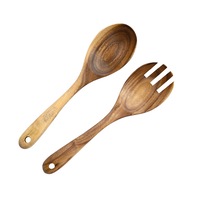 1Set NEW Large Wooden Spoon Set Big Salad Serving Spoon Fork Natural Wood Tablespoon Long Handled Cooking Spoon Kitchen Utensils
