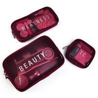 1SET Nylon S/M/L Travel Women Cosmetic Bag Portable Makeup Bag Mesh Case Portable Box CLARET COLOR