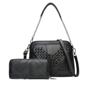 2 in 1 Pure Color Fashionable PU Leather Rivet Women's Handbag Single-shoulder Bag Messenger Bag(Black) (V Rivet)