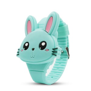 2 Pcs Flip Cover Cartoon Student Kid Watch LED Display Cute Style Rubber Digital Watch GREEN COLOUR
