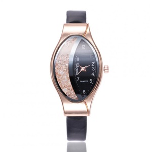 2 Pcs Women Fashion Imitation Pu Leather Band Rolling Ball Oval Quicksand Quartz Watch black