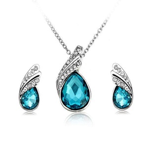 2 set Crystal Water Drop Necklace Earrings Jewelry Set Silver Plated Jewelry Gift for Women 03 COLOR