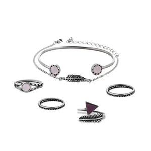 2 Sets Arrow Rings Feather Chain Crystal Bracelets Jewelry Set SILVER COLOUR