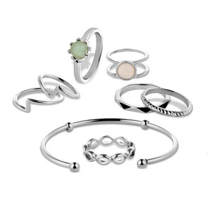 2 Sets Gold Silver Plated Crystal Rings Women Bracelets Jewelry Set SILVER COLOUR