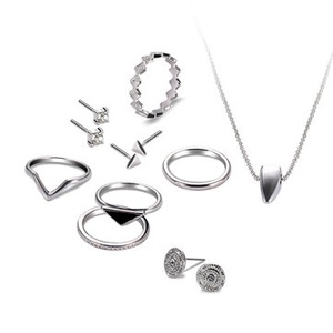 2 Sets Silver Plated Rings Crystal Earrings Geometric Necklace Jewelry Set