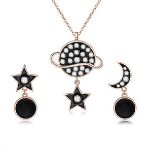 2 Sets Stylish Star Moon Rhinestones Earrings Gold Necklace Stellar Fashion Jewelry Set for Women