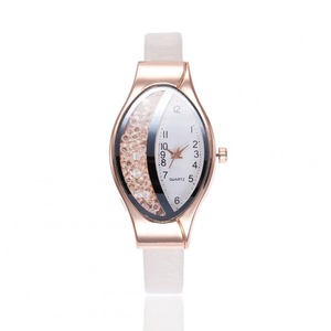 2PC Women Fashion Imitation Leather Band Rolling Ball Oval Quicksand Quartz Watch white