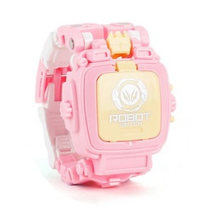 2Pcs Cartoon Transformable Robot Electronic Wristwatch Digital Display Watch Child Boy Girl Toy pink