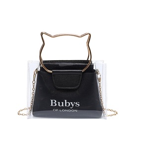 2pcs Clear Crossbody Messenger Bag, Cute Cat Handle Metal Chain Purse Tote Shoulder Bags