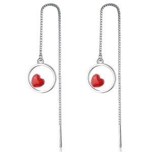 2PCS Copper Circle Red Heart Chain Earrings for Women Long Tassel Earrings Jewelry