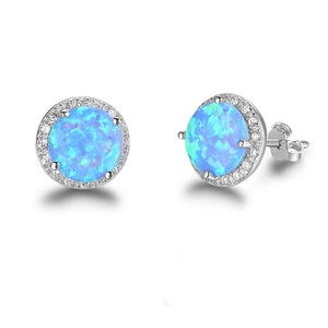 2PCS Copper Stud Earrings Round Blue Opal Earrings with Jewelry Gift