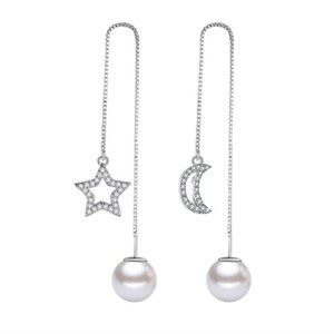 2PCS Copper Woman Jewelry Pentagram Moon Cutout Tassel Earrings Long Section