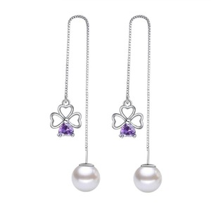 2PCS Fashion Copper Jewelry Love Shaped PurpleFlower Lucky Leaf Ear Long Paragraph Tassel Drop Earrings Women's Jewelry