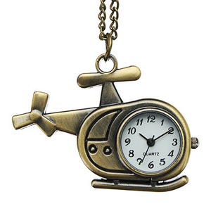 2PCS Fashion Helicopter Bronze Quartz Pocket Watch Retro Creative Pendant Necklace