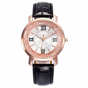 2Pcs Fashion Rose Gold Flowing Crystal Roman numerals Ladies Dress Bracelet Leather Women Quartz Watch