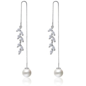 2PCS Silver plating Shiny Leaf Long Tassel Drop Earring for Women Ladies Party Jewelry