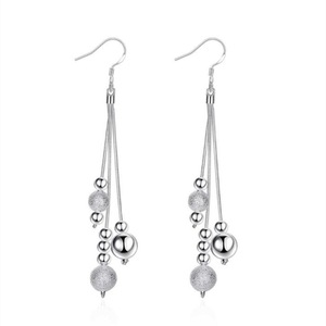 2PCS Silver plating Three Line Beads Ball Vintage Long Tassel Dangle Earrings for Women Engagement Wedding Jewelry