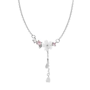 2PCS Women Jewelry Silver plating Pink Cherry Blossom Necklaces Tassel Clavicle Chain