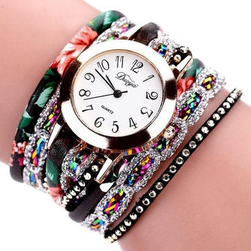 2PCS XR1886 Retro Style Bracelet Watch Flower Picture Ladies Quartz Watches BLACK COLOR