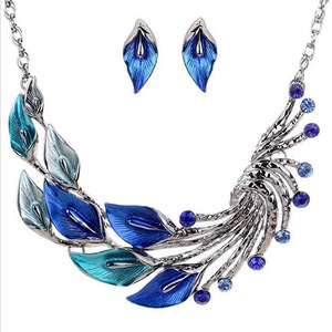 3 Set Gradient Color Leaf Peacock Enamel Crystal Necklace Dangle Earrings Jewelry Set for Women