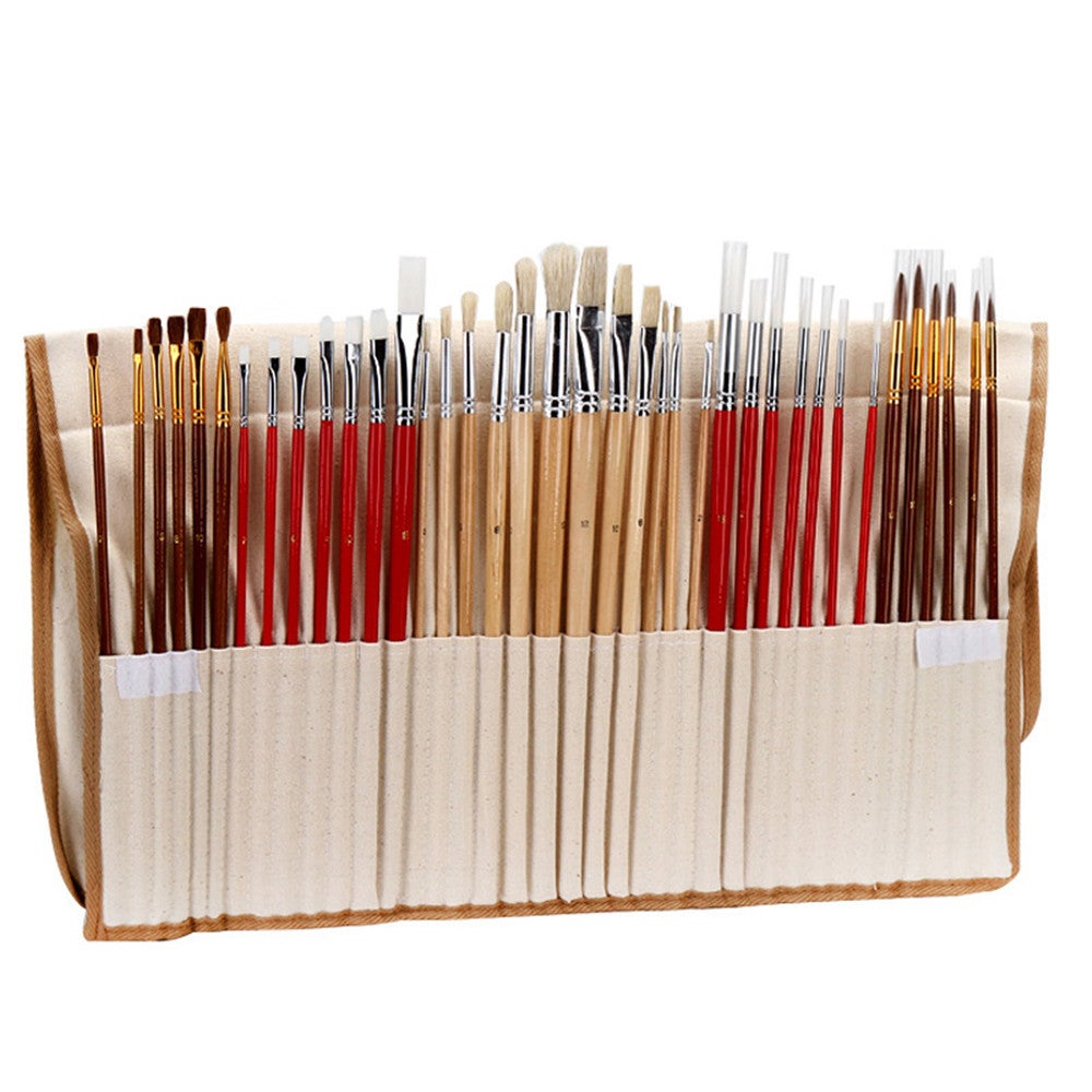 38 pcs Paint Brushes Set with Canvas Bag Case Long Wooden Handle Art Supplies for Oil Acrylic Watercolor Painting