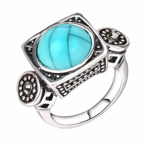 3Pcs Fashion Blue Turquoise Crystal Finger Ring Geometric Antique Silver Rings Ethnic Jewelry