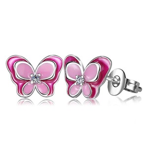3PCS Fashion Copper Pink Butterfly Small Stud Earrings for Girls Women Cute Party Earring Jewelry