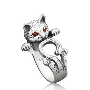 4Pcs Ethnic Red Eye Fortune Cat Ring Cute Antique Silver Adjudestble Ring Vintage Jewelry for Women