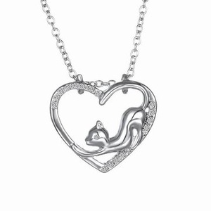 4Pcs Women Heart Crystal Silver Necklace Lovely Cat Chain Jewelry Gift