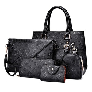 5 in 1 Diamond Texture PU Shoulder Bag Printed Flower Ladies Handbag Messenger Bag (Black)