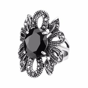5 Pcs Elegant Finger Ring Black Crystal Antique Silver Hollow Flower leaves Rings Punk Jewelry for Women