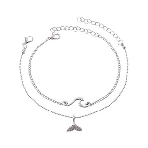 5 Set Bohemian Double-layer Silver Anklets Wavy Mermaid Tail Pendant Chain Anklet Vintage Jewelry
