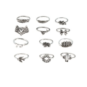 5Set Vintage Geometric Animal Rings Set Hollow Cactus Foxs Knuckle Ring Trendy Jewelry for Women