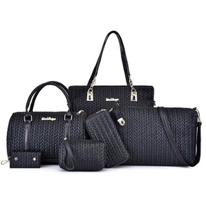 6 in 1 Weave Pattern PU Shoulder Bag Ladies Handbag Messenger Bag (Black)