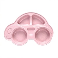 Baby Bowls Plate Tableware Infant Bamboo Feeding Bowl Cute Cartoon Car(Pink)