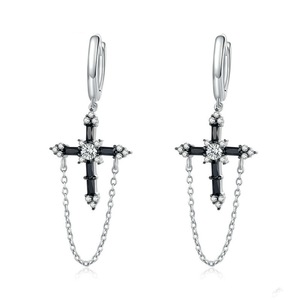 Black Cross with Chain Dangle Earrings for Women Silver plating Style Jewelry