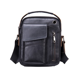 Black Leather Cross-body Square Bag Large-capacity Single Shoulder Bag for Man