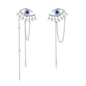 Blue Luckey Eyes Long Tassel Drop Earrings for Women Silver plating Engagement Jewelry Female