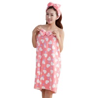BX-388 Flannel Strapless Soft Bath Towel Bathrobe Women SPA Bath Towel Set With Hair Band PINKHEART COLOR