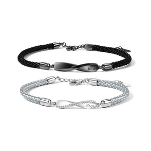 C03 2PCS Mobius Ring Couple Bracelet Silver Men and Women Black and Red Braided Valentine Days Jewelry Memorial Gift for Wedding Lover