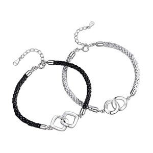 C32 2PCS Square Interlocking Couple Bracelet Silver Valentine Days Jewelry Commemorative Gift for Wedding Lover Boyfriend Girlfriend