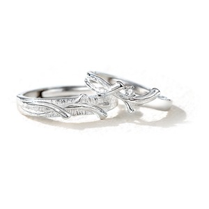 C43 2PCS Wooden Branch Couple Ring Adjustable Silver Valentine Days Jewelry Commemorative Gift for Wedding Lover Boyfriend Girlfriend