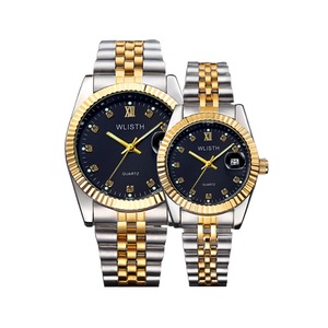 C50 2PCS Round Black Face Gold Band Couple Watch Luminous Calendar Waterproof Roman Scale Dial for His and Hers Valentines Day Gift