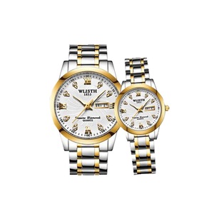 C51 2PCS Round White Gold Steel Band Couple Watch Luminous Week Waterproof Roman Scale Dial for His and Hers Valentines Day Gift