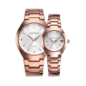 C52 2PCS Round White Face Gold Steel Band Couple Watch Luminous Week Waterproof Shiny Scale Dial for His and Hers Valentines Day Gift