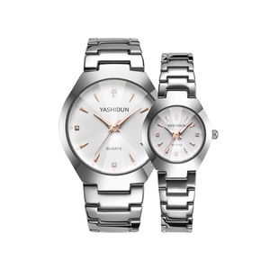 C53 2PCS Round White Face Silver Steel Band Couple Watch Luminous Waterproof Shiny Scale Dial for His and Hers Valentines Day Gift